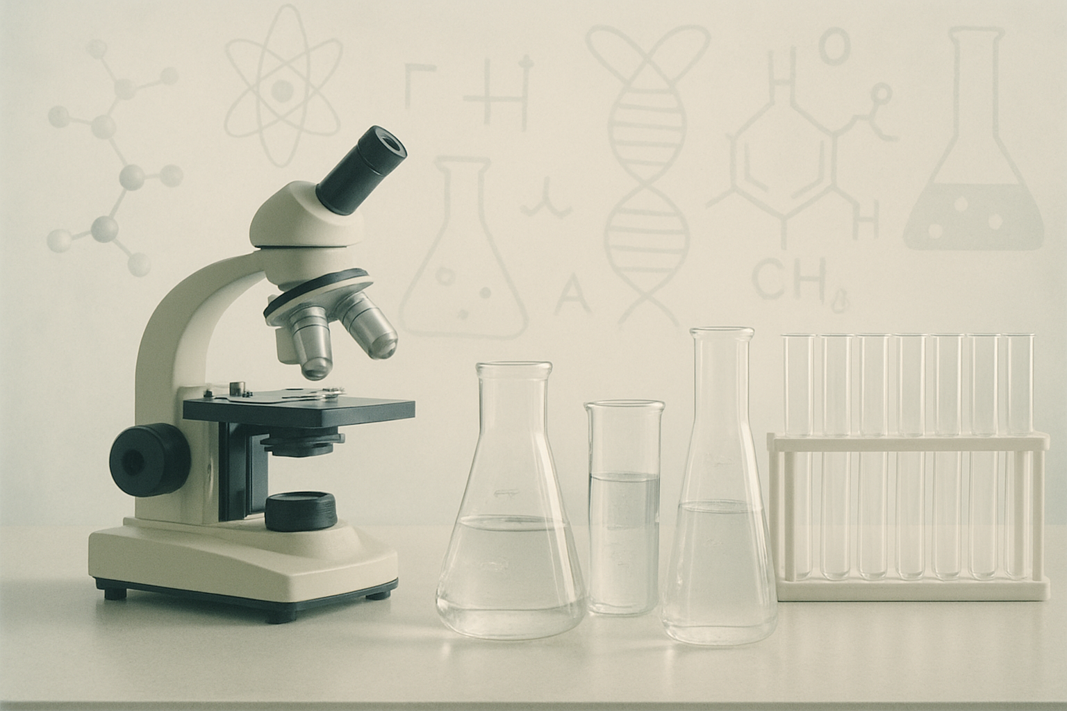 A microscope and science lab vessels
